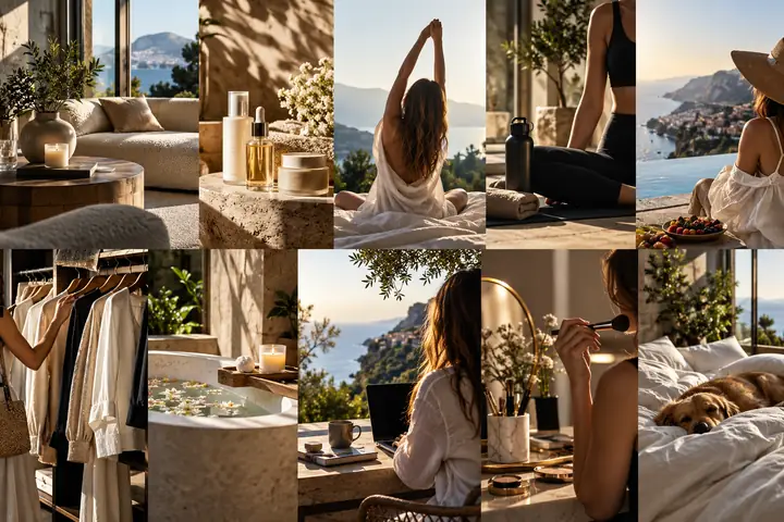 A collection of polished home, beauty and lifestyle advertising layouts displayed side by side.
