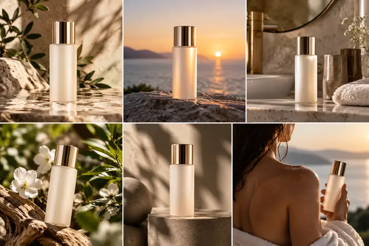 A skincare bottle shown in several refined product photography settings.