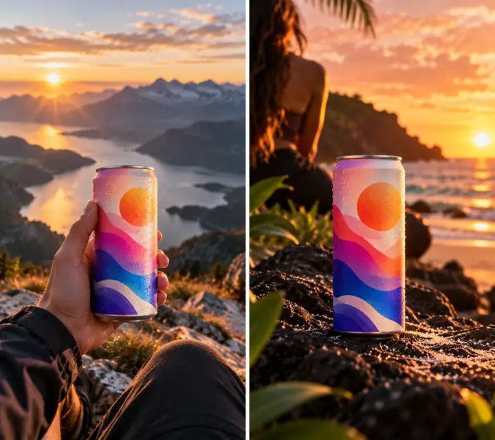 Two vertical video-ad concepts featuring a colorful beverage can in distinct outdoor settings.