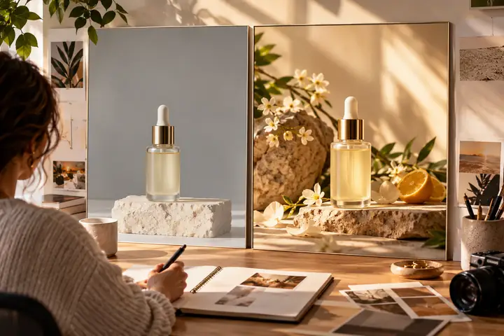 Before-and-after product image editing examples presented on a clean creative workspace.