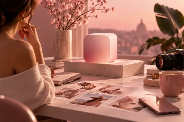Elegant minimal product advertisement in muted pink tones.