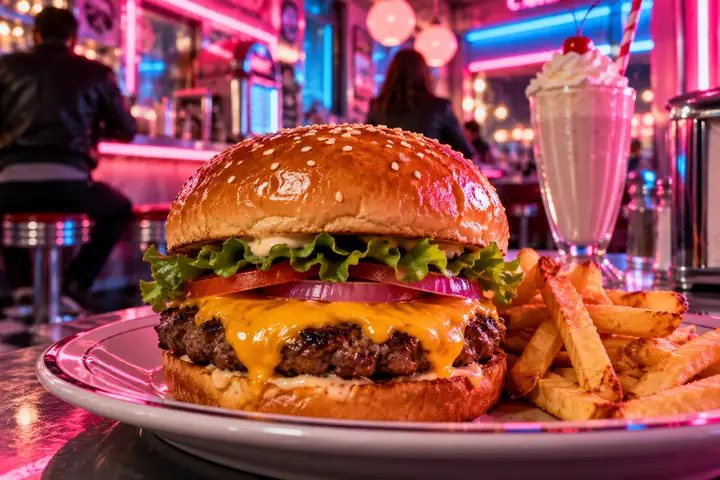 Close-up cheeseburger in a glossy neon pink and blue diner scene.