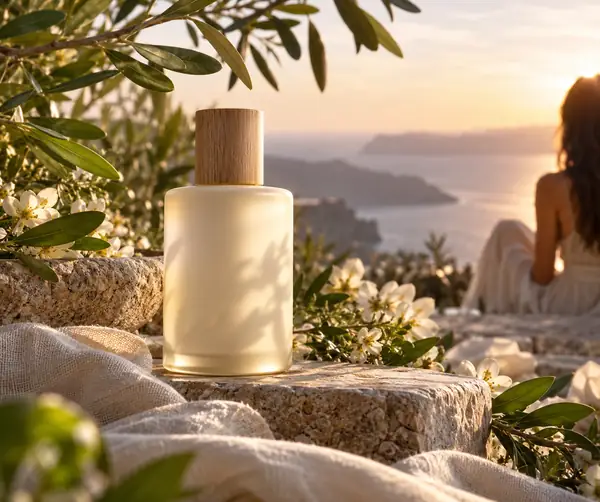 Skincare bottle in a softly lit botanical arrangement.