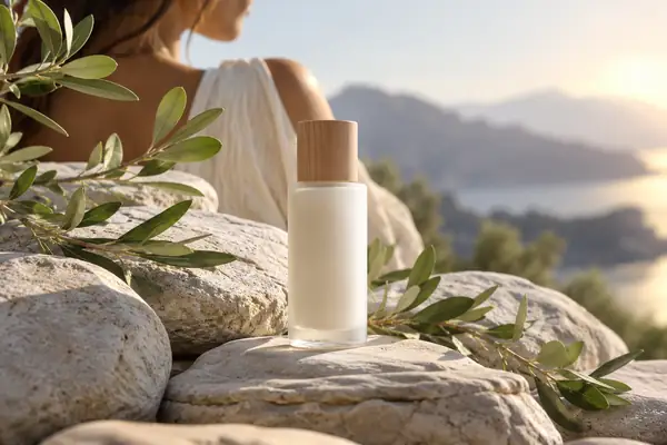 Skincare bottle among pale stones and soft green leaves.