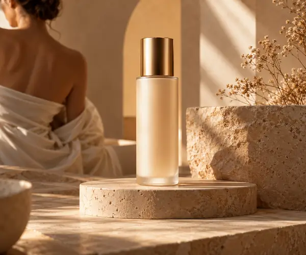 Skincare bottle on a warm beige studio pedestal.